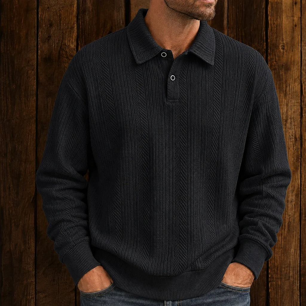 Men's textured polo sweater with collared neckline, buttons and long sleeves