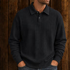 Men's textured polo sweater with collared neckline, buttons and long sleeves