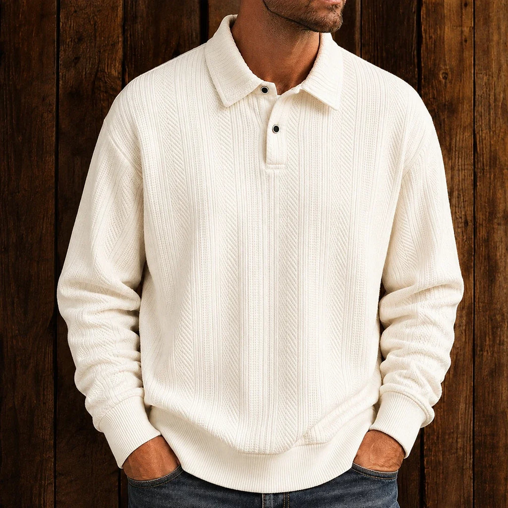 Men's textured polo sweater with collared neckline, buttons and long sleeves
