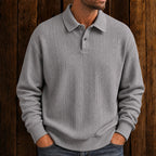 Men's textured polo sweater with collared neckline, buttons and long sleeves