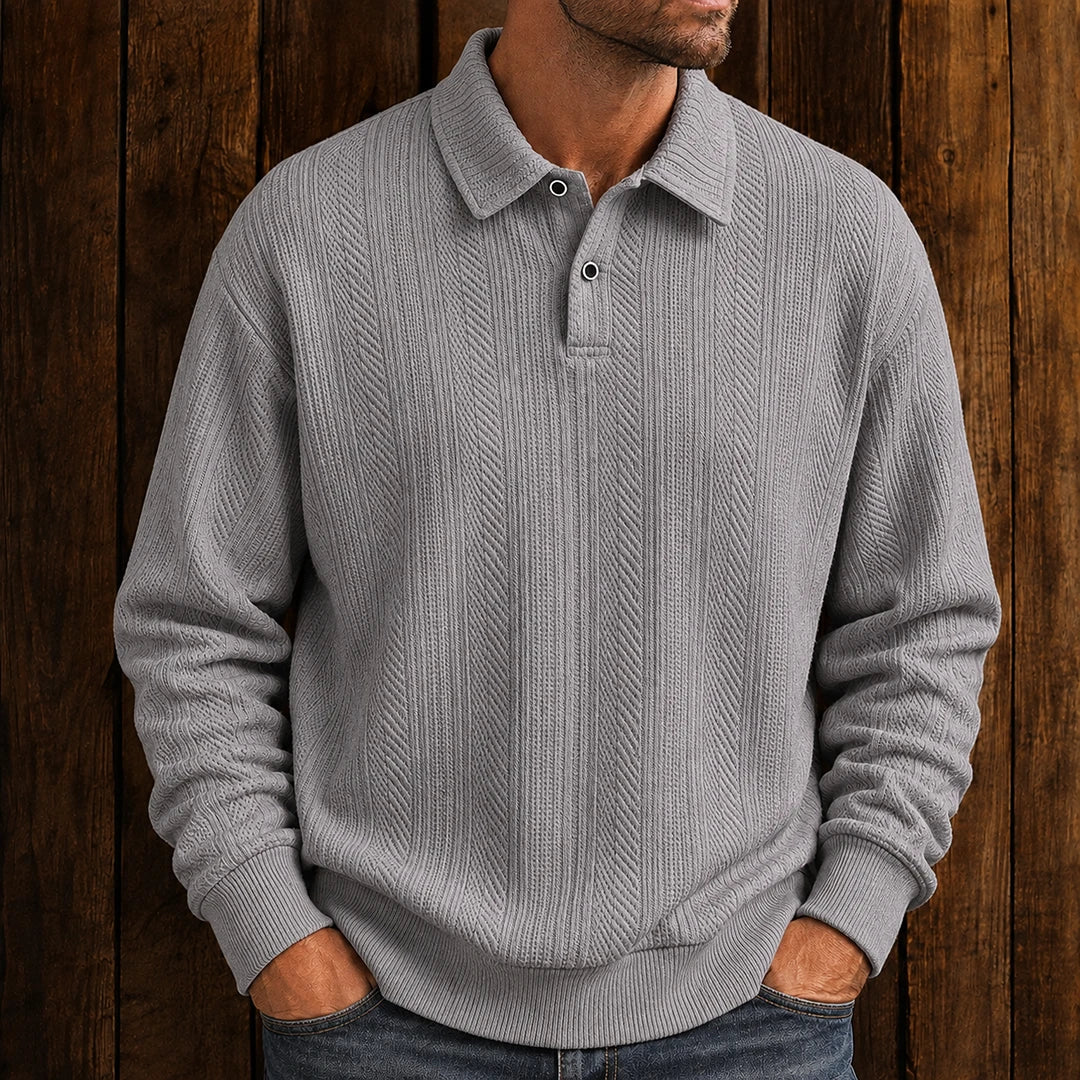 Men's textured polo sweater with collared neckline, buttons and long sleeves