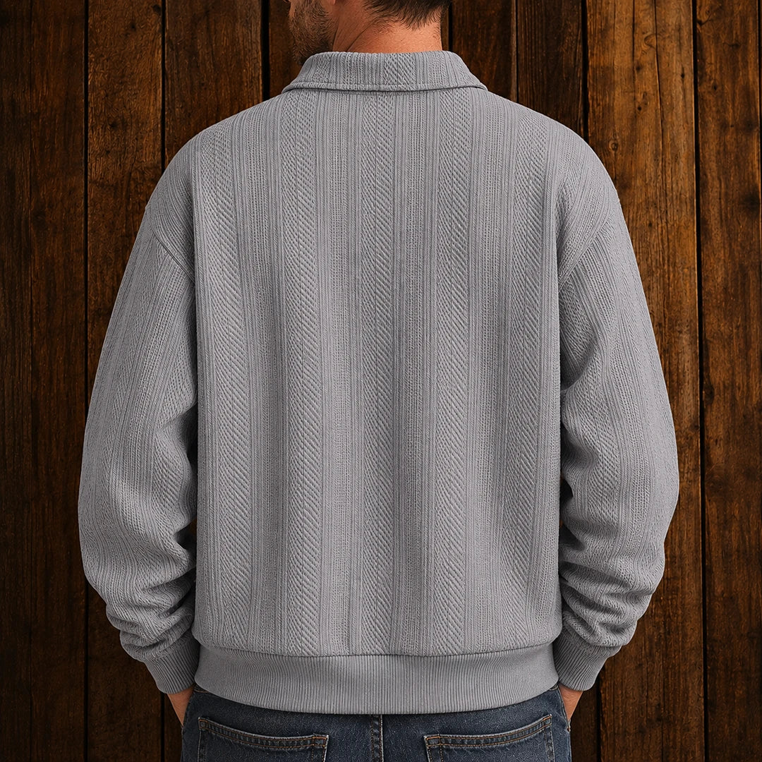 Men's textured polo sweater with collared neckline, buttons and long sleeves