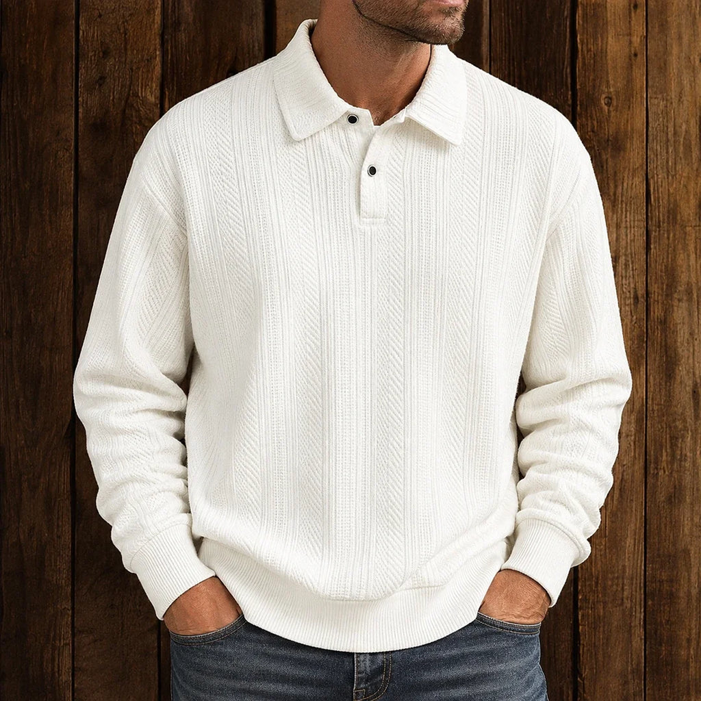 Men's textured polo sweater with collared neckline, buttons and long sleeves