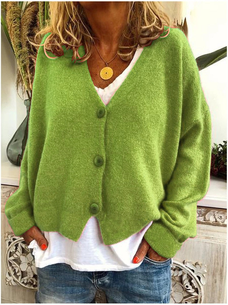 Women's plain knit V-neck cardigan with long sleeves and button fastening