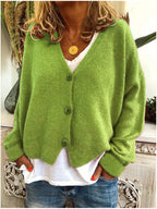 Women's plain knit V-neck cardigan with long sleeves and button fastening