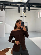 Women's brown ribbed off-shoulder sweater with buttons