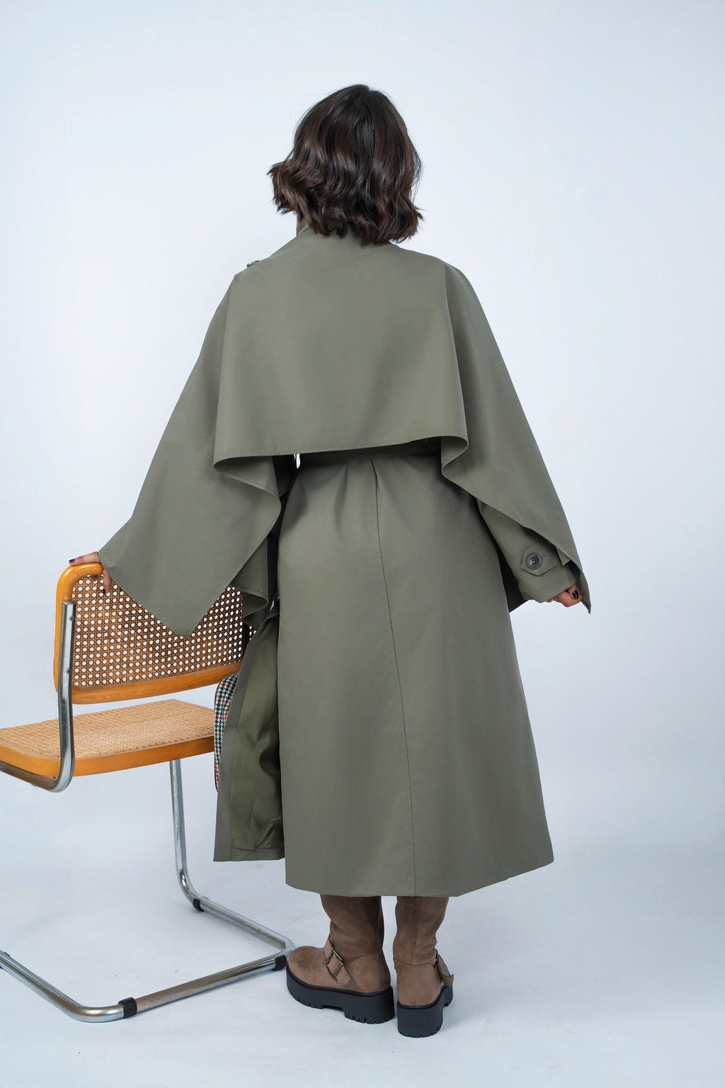 Women's beige belted trench coat with cape overlay and long sleeves