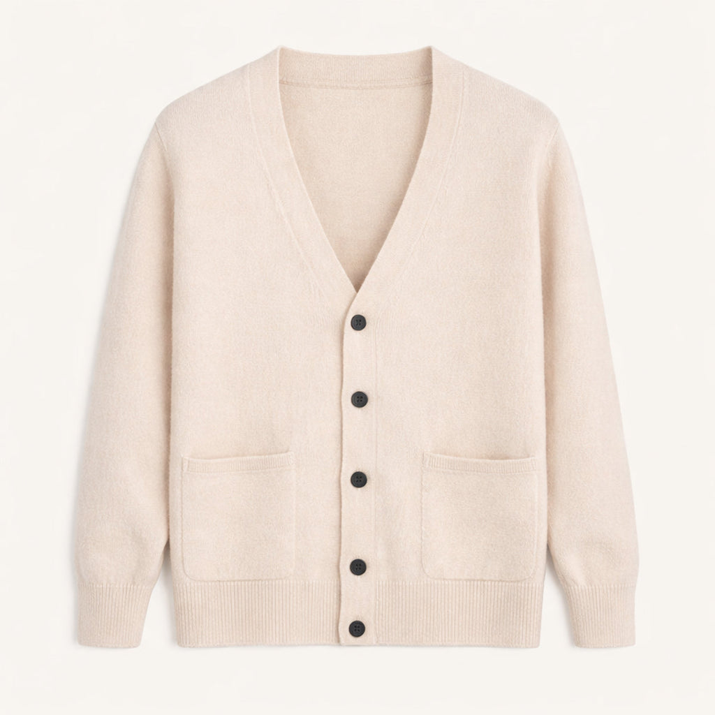Men's V-neck button cardigan with long sleeves and front patch pockets