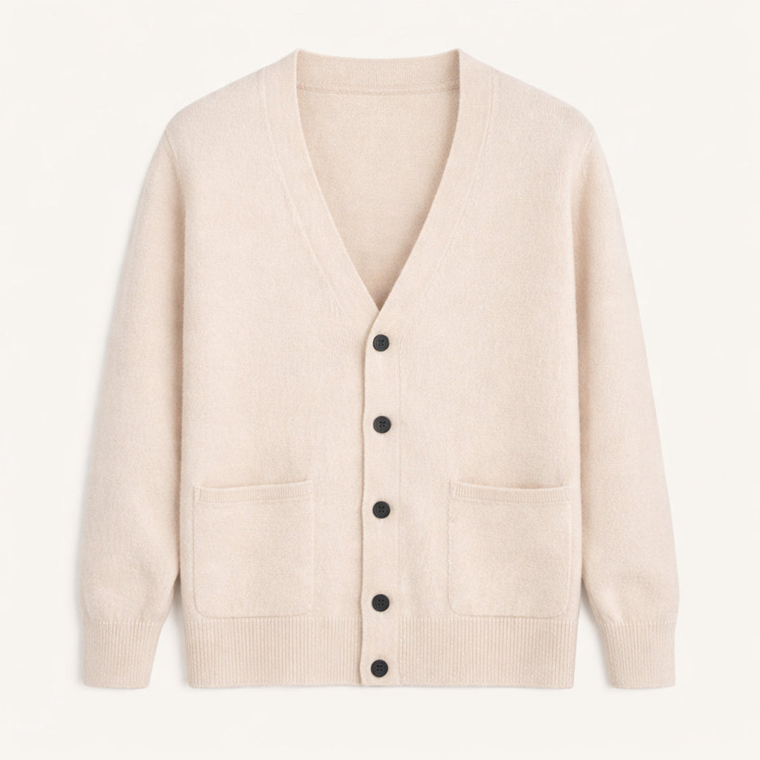 Men's V-neck button cardigan with long sleeves and front patch pockets