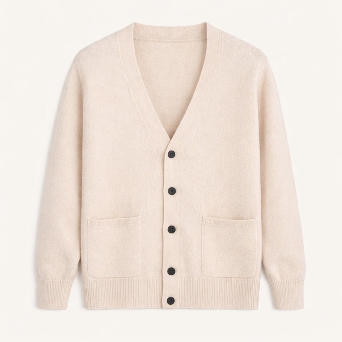 Men's V-neck button cardigan with long sleeves and front patch pockets