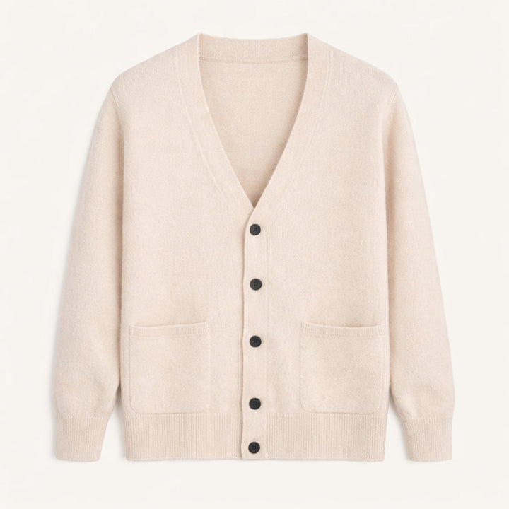 Men's V-neck button cardigan with long sleeves and front patch pockets