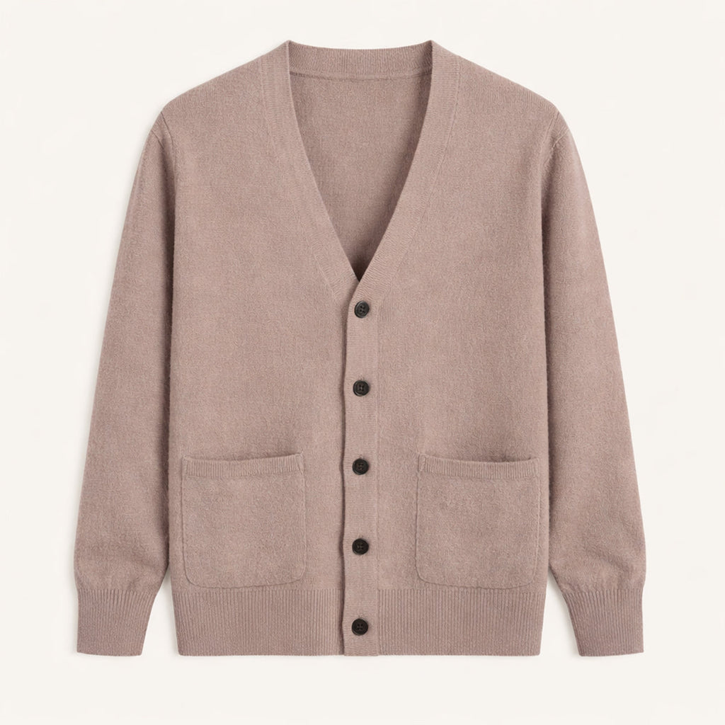 Men's V-neck button cardigan with long sleeves and front patch pockets