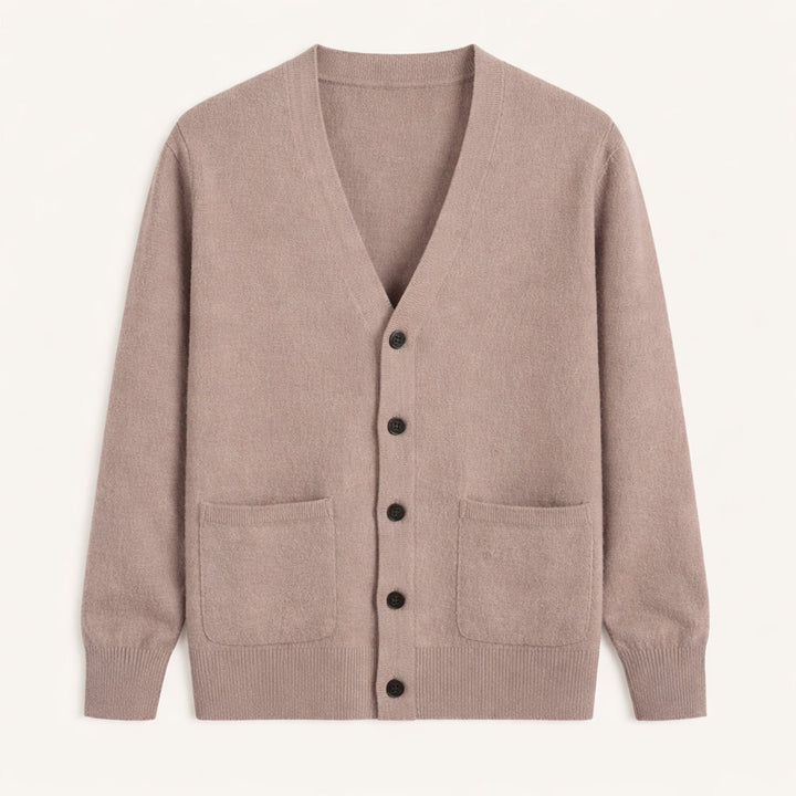 Men's V-neck button cardigan with long sleeves and front patch pockets