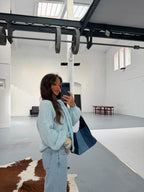 Women's blue striped cardigan with matching scarf