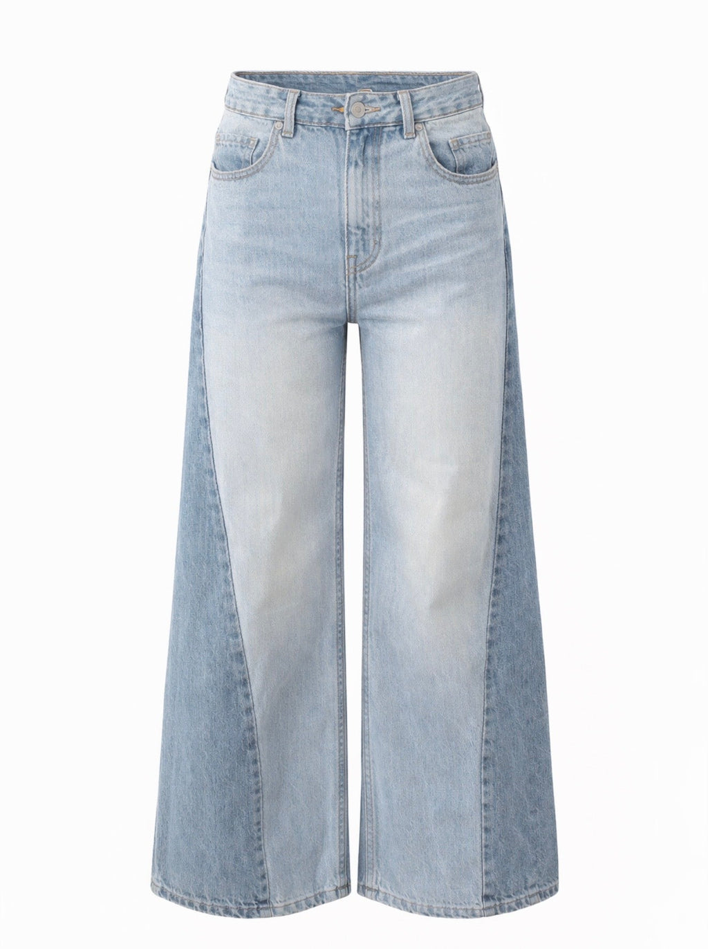 Women's light blue high-rise wide leg jeans with front pockets and full-length hems