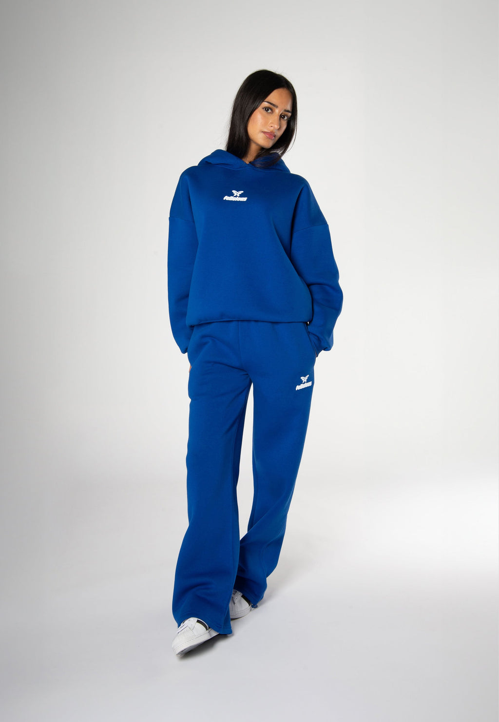 Blue long-sleeve logo hoodie with hood and kangaroo pocket