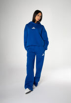 Blue long-sleeve logo hoodie with hood and kangaroo pocket