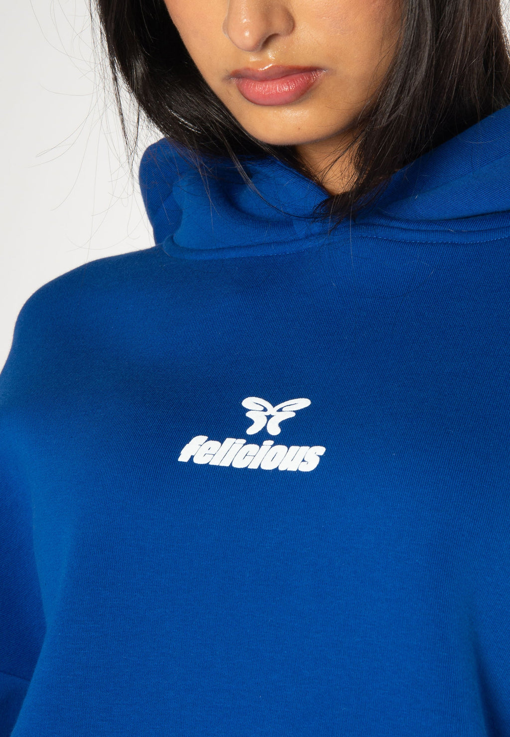 Blue long-sleeve logo hoodie with hood and kangaroo pocket