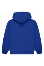 Blue long-sleeve logo hoodie with hood and kangaroo pocket