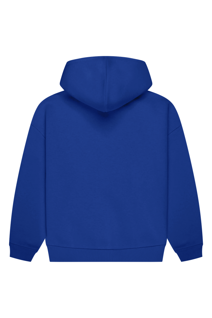 Blue long-sleeve logo hoodie with hood and kangaroo pocket