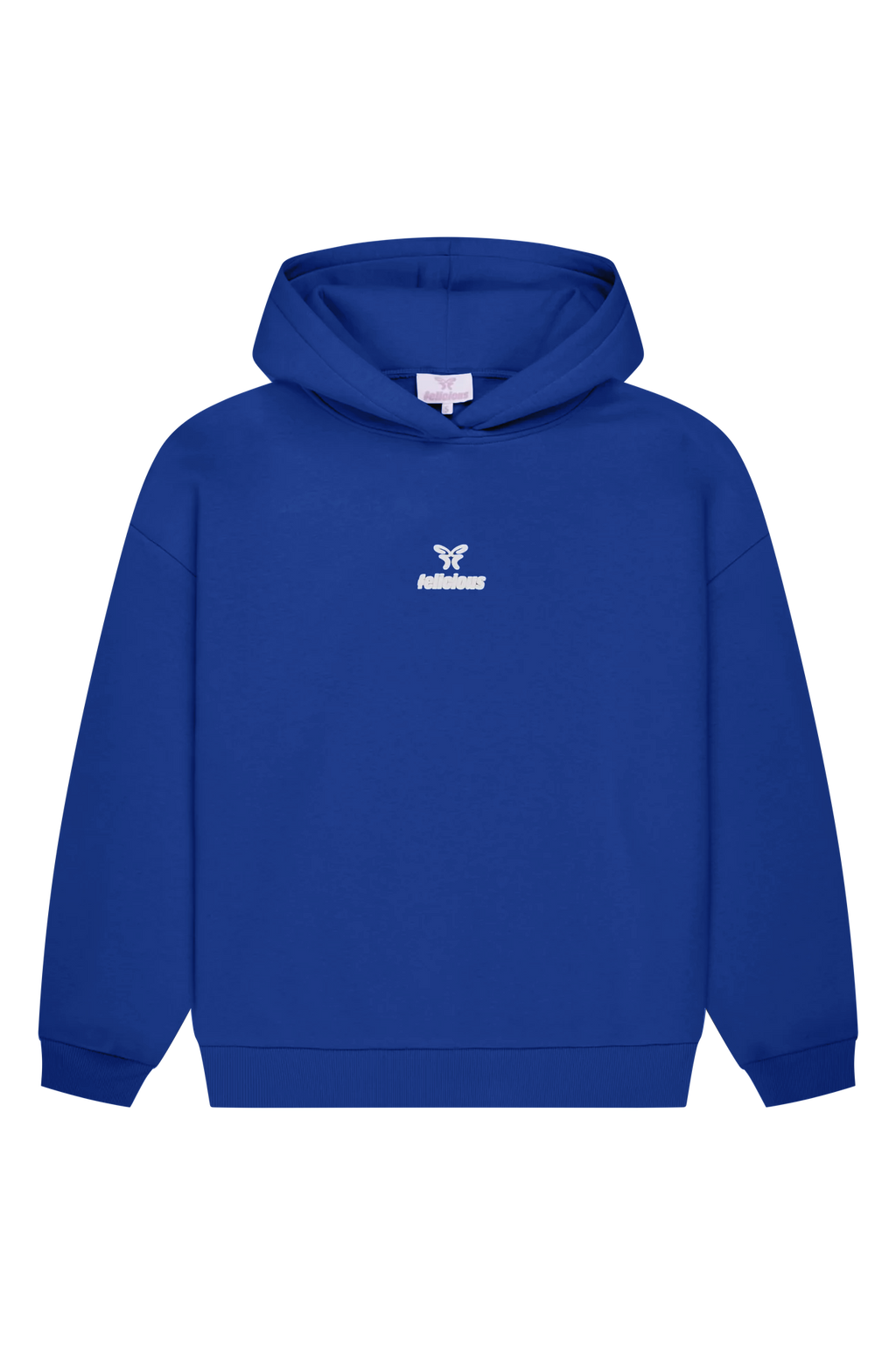 Blue long-sleeve logo hoodie with hood and kangaroo pocket