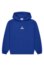 Blue long-sleeve logo hoodie with hood and kangaroo pocket