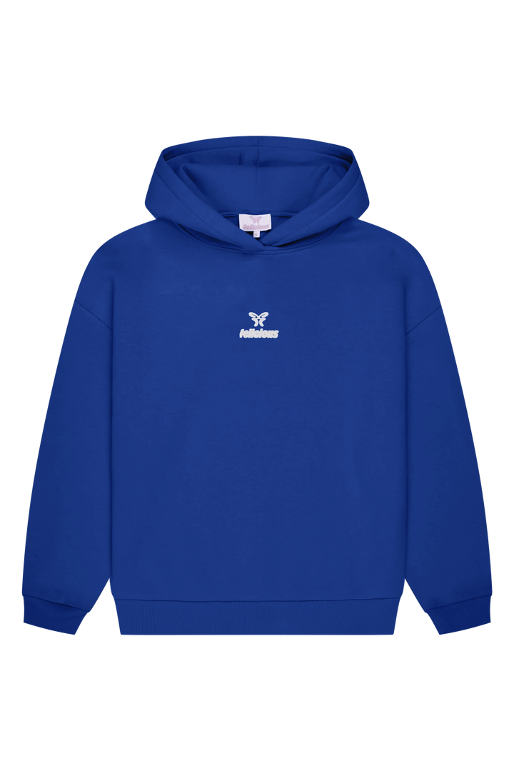 Blue long-sleeve logo hoodie with hood and kangaroo pocket