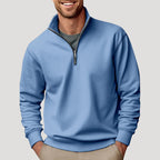 Men's white half-zip sweatshirt with stand collar and ribbed trims