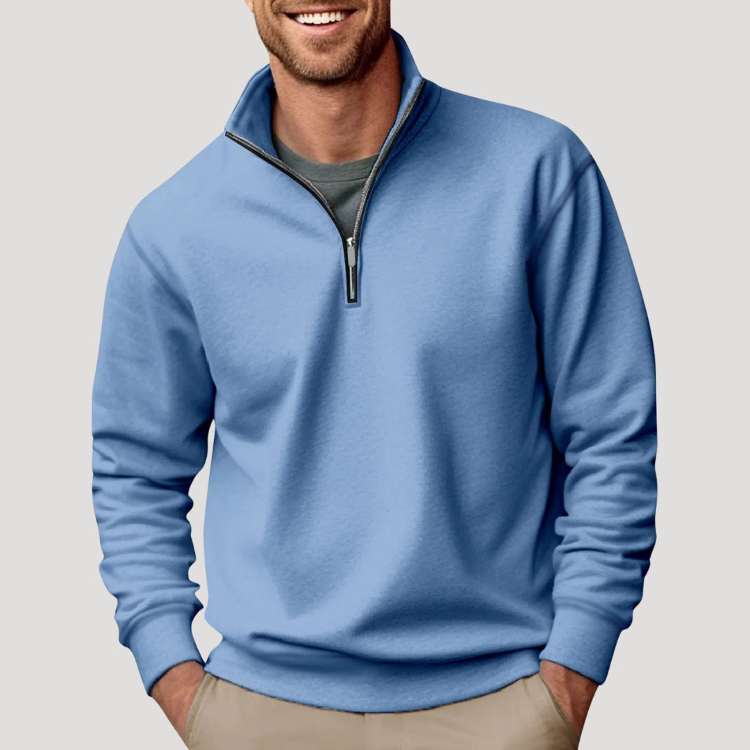 Men's white half-zip sweatshirt with stand collar and ribbed trims