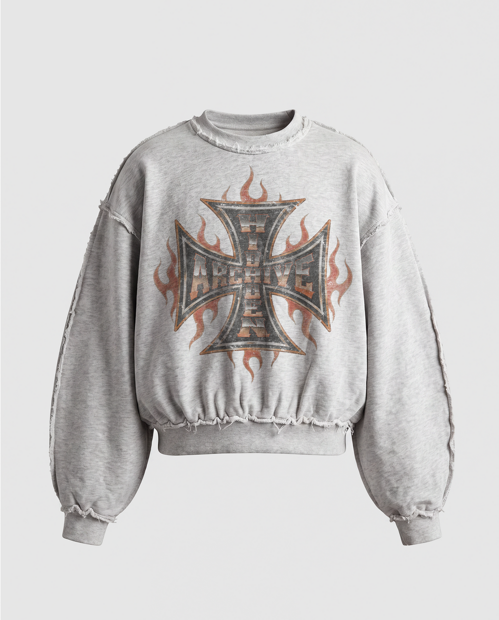 Grey cropped sweatshirt with distressed trims, long sleeves and cross flame graphic