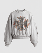 Grey cropped sweatshirt with distressed trims, long sleeves and cross flame graphic