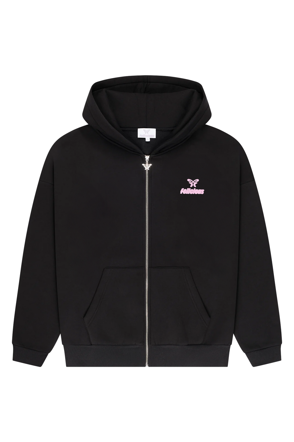 Women's black zip-up hoodie with hood, pink logo and front pouch pocket