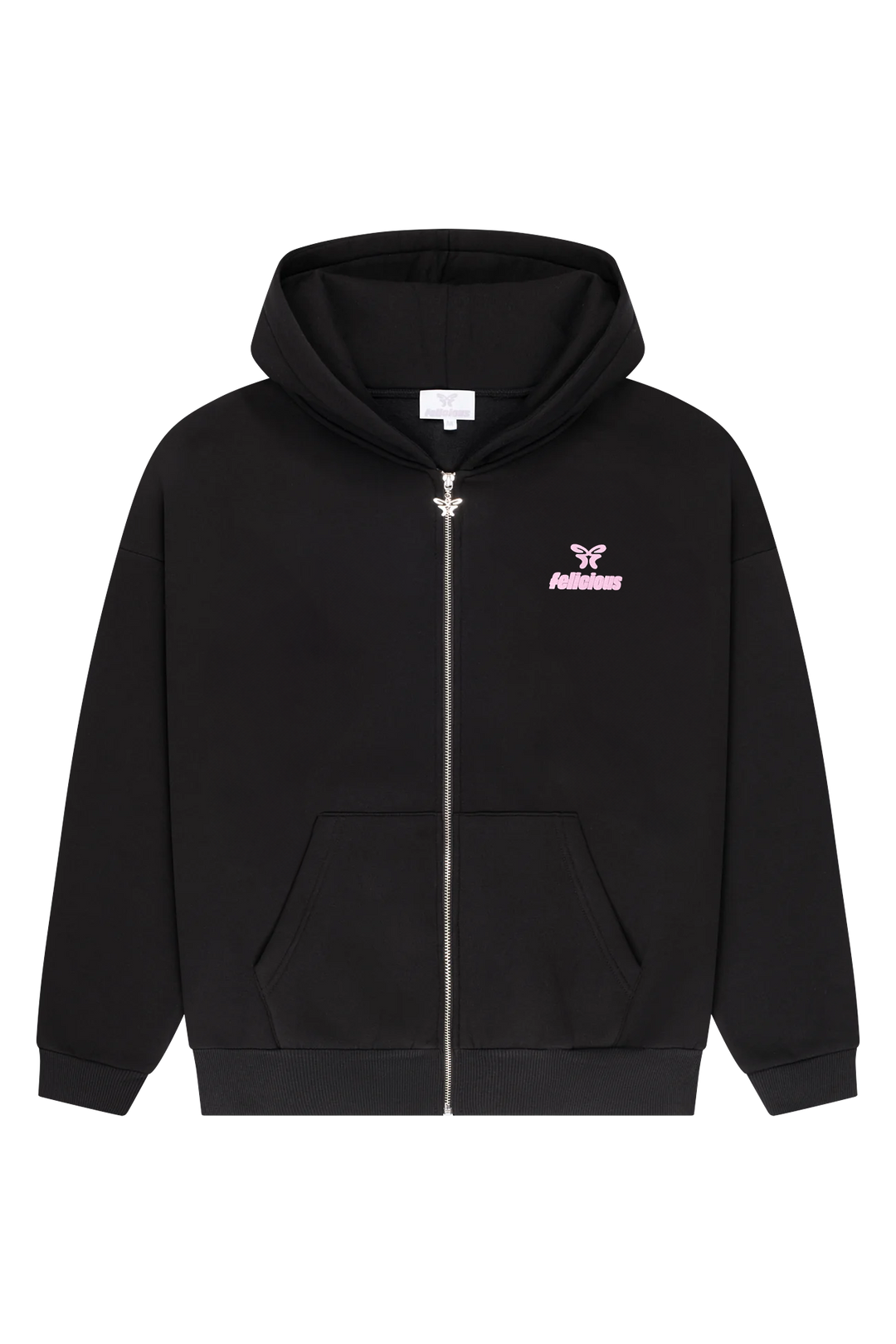 Women's black zip-up hoodie with hood, pink logo and front pouch pocket