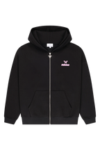 Women's black zip-up hoodie with hood, pink logo and front pouch pocket