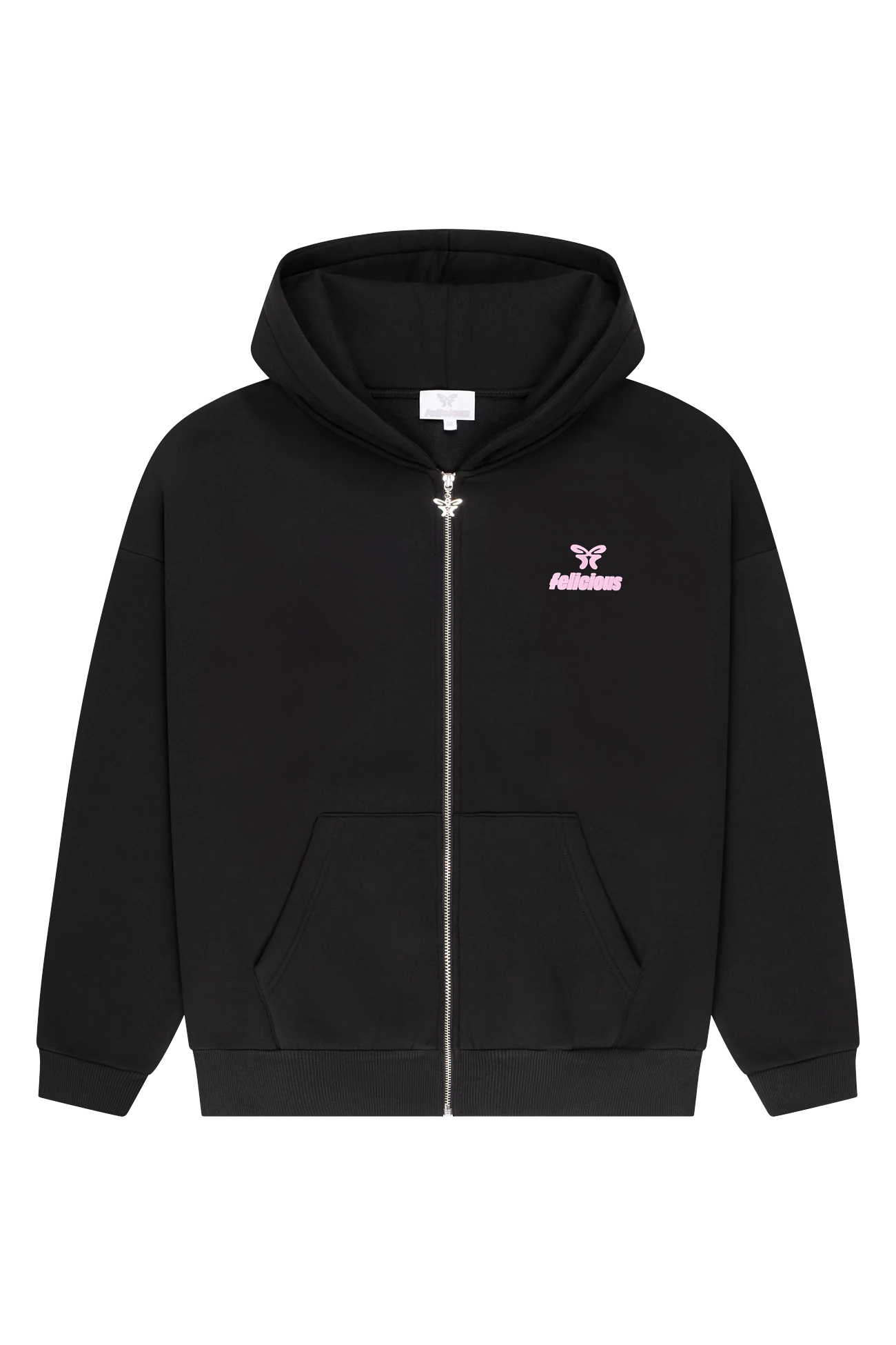 Women's black zip-up hoodie with hood, pink logo and front pouch pocket