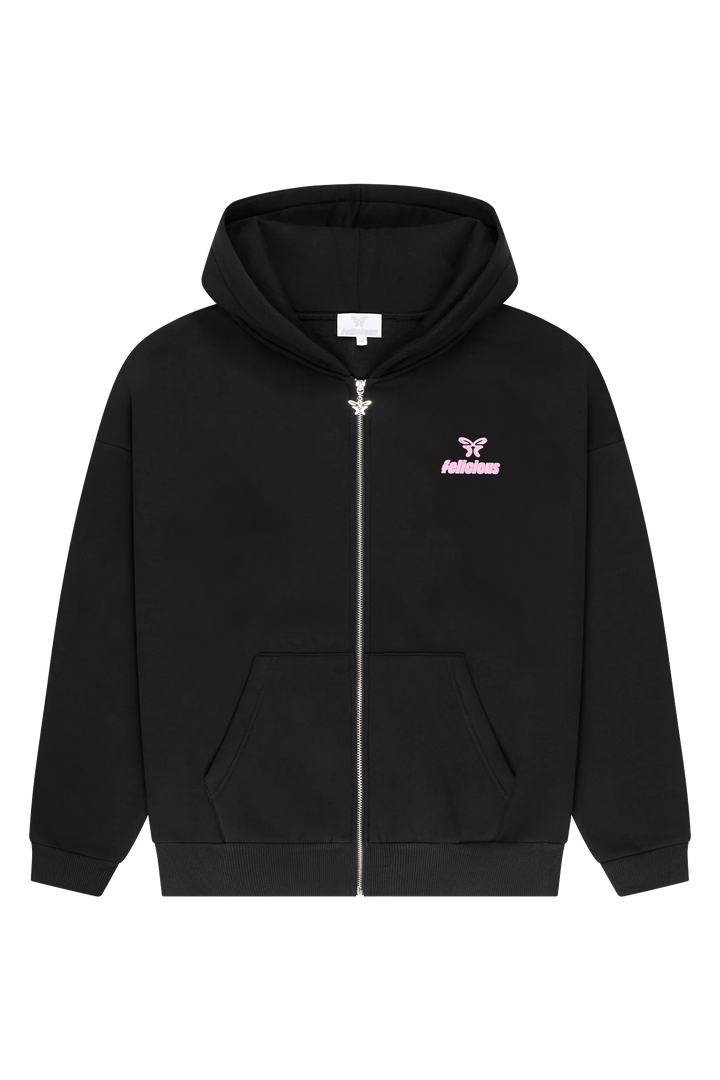 Women's black zip-up hoodie with hood, pink logo and front pouch pocket
