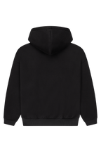 Women's black zip-up hoodie with hood, pink logo and front pouch pocket
