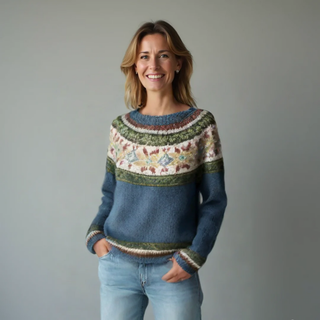 Women's multicolour striped Nordic-style sweater with boat neckline