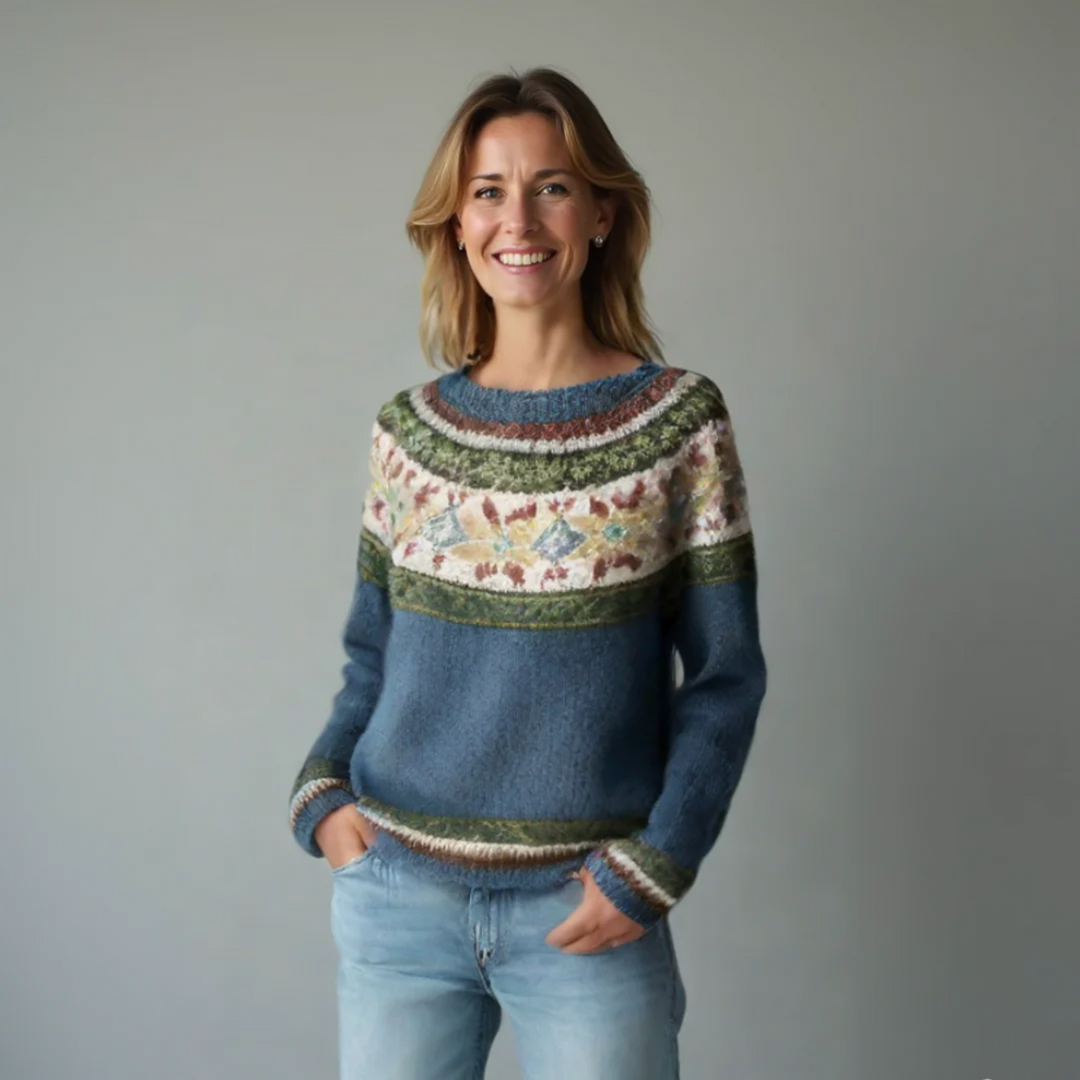 Women's multicolour striped Nordic-style sweater with boat neckline