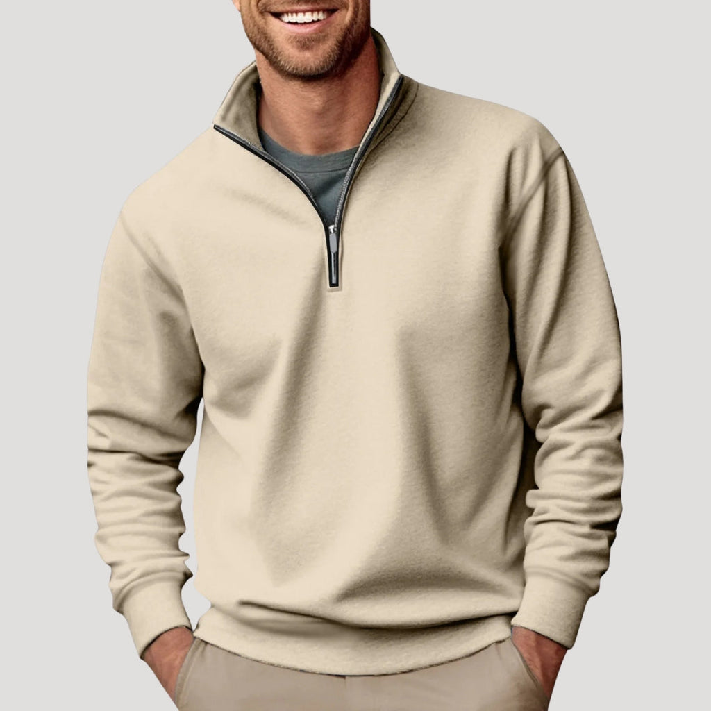 Men's white half-zip sweatshirt with stand collar and ribbed trims