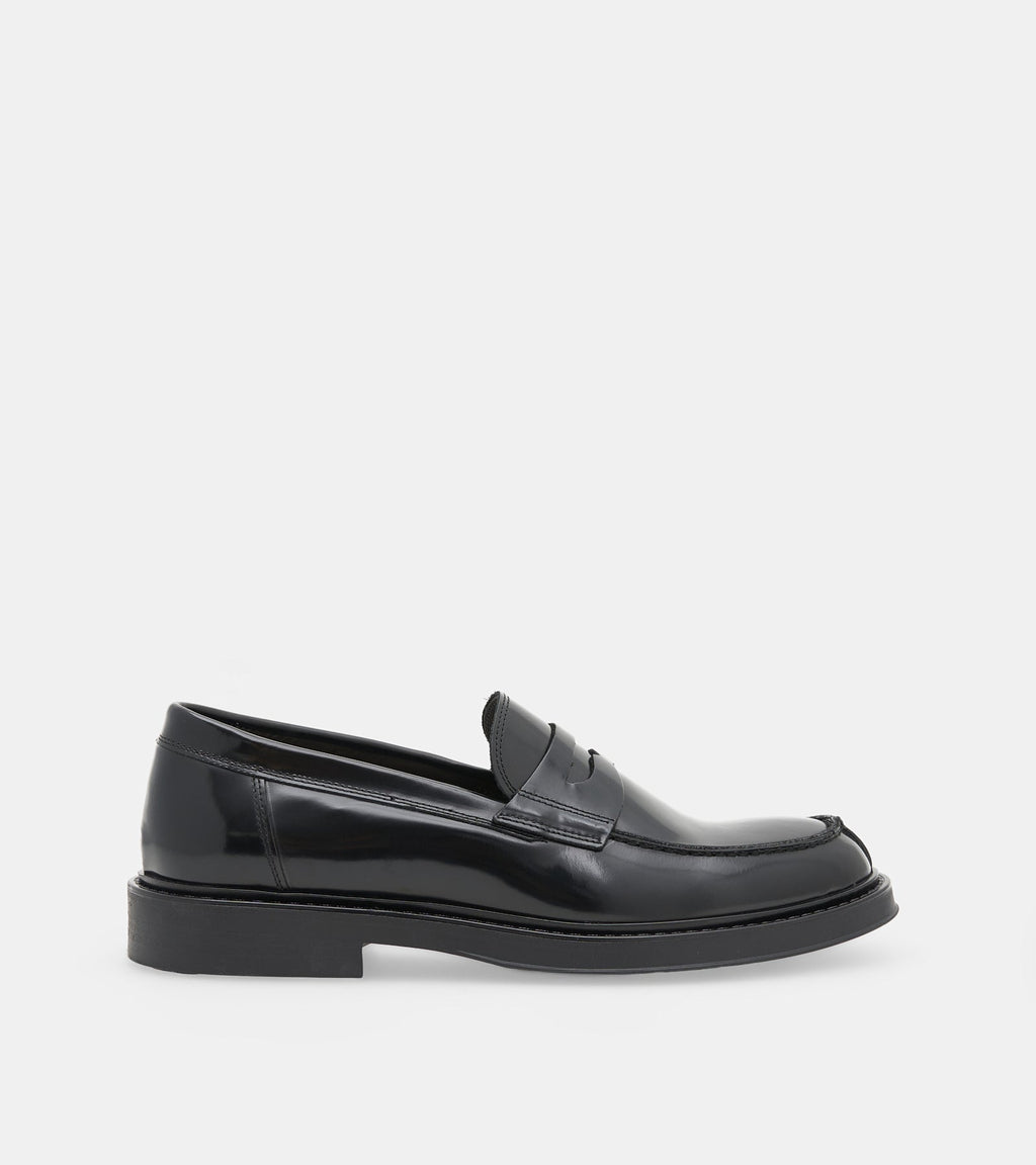 Men's black polished penny loafers with rounded toes and low block heels