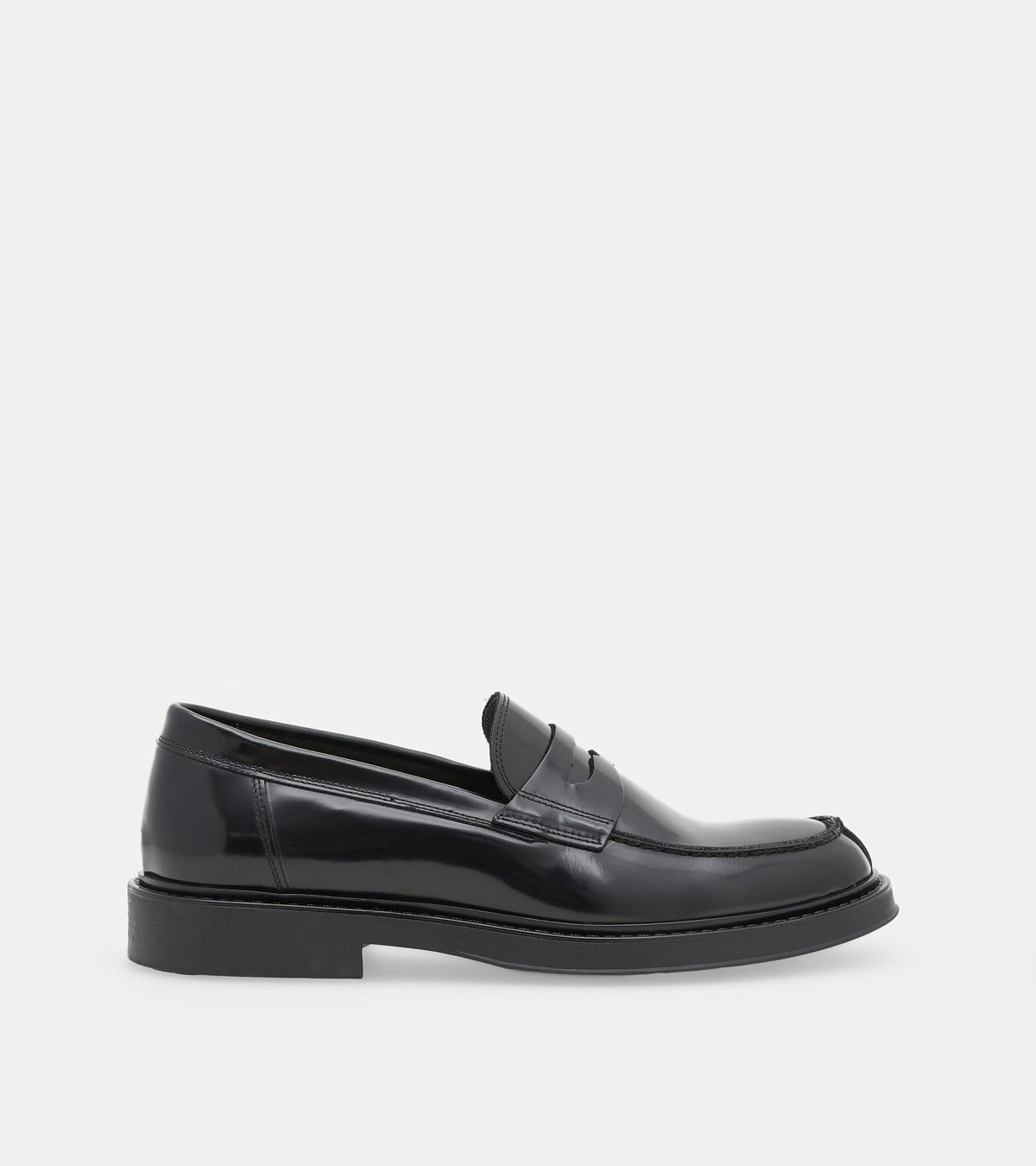 Men's black polished penny loafers with rounded toes and low block heels