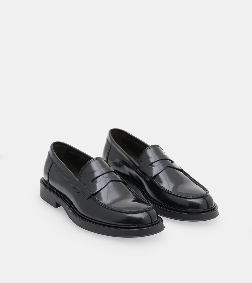 Men's black polished penny loafers with rounded toes and low block heels