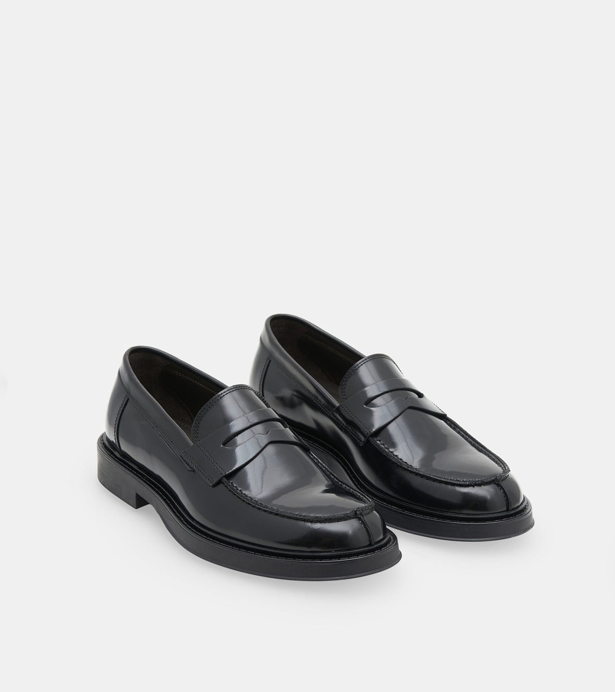 Men's black polished penny loafers with rounded toes and low block heels