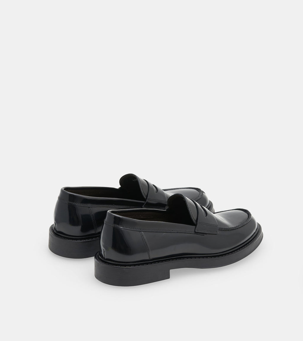 Men's black polished penny loafers with rounded toes and low block heels