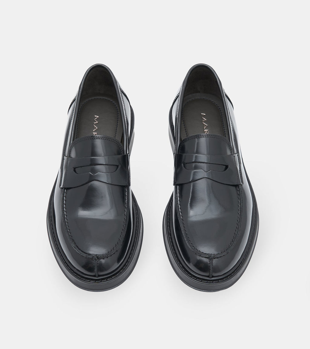 Men's black polished penny loafers with rounded toes and low block heels