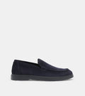 Men's navy slip-on loafers with almond toes and flat soles
