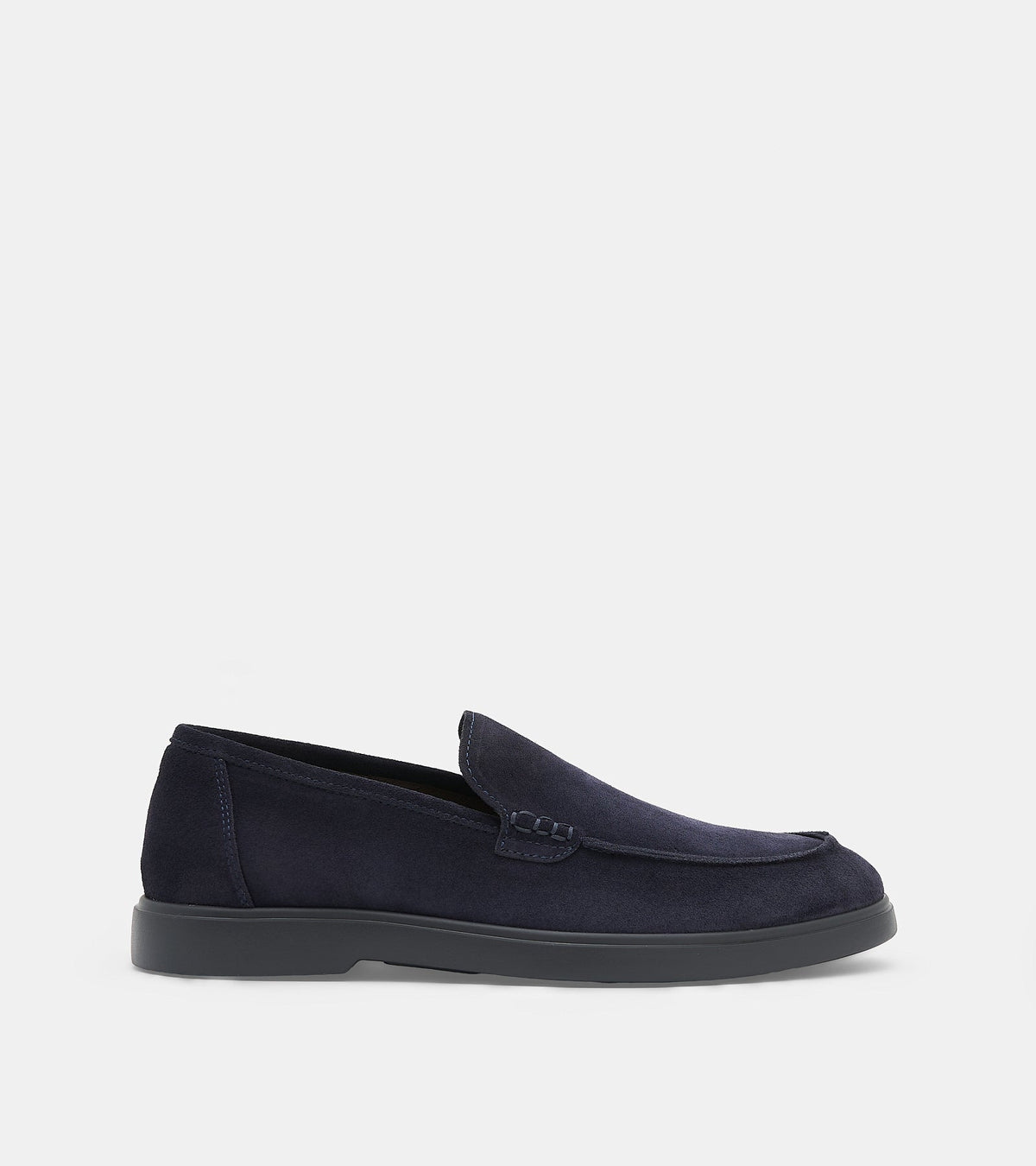 Men's navy slip-on loafers with almond toes and flat soles