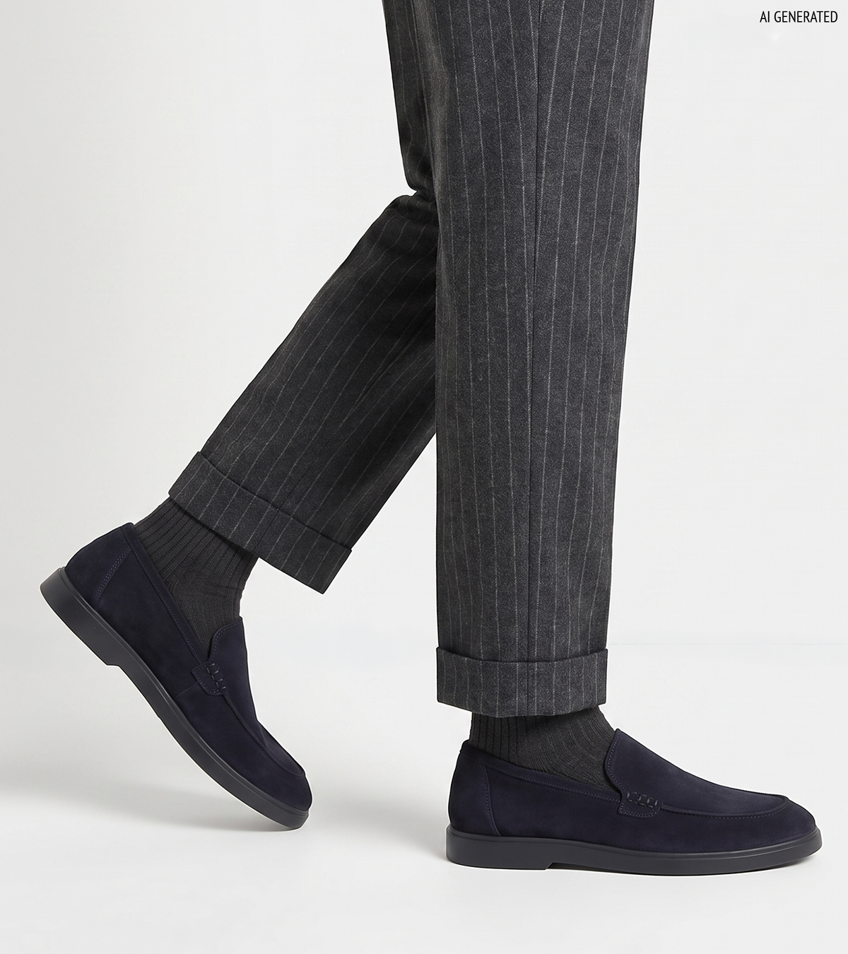 Men's navy slip-on loafers with almond toes and flat soles