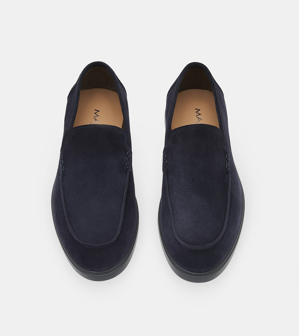 Men's navy slip-on loafers with almond toes and flat soles
